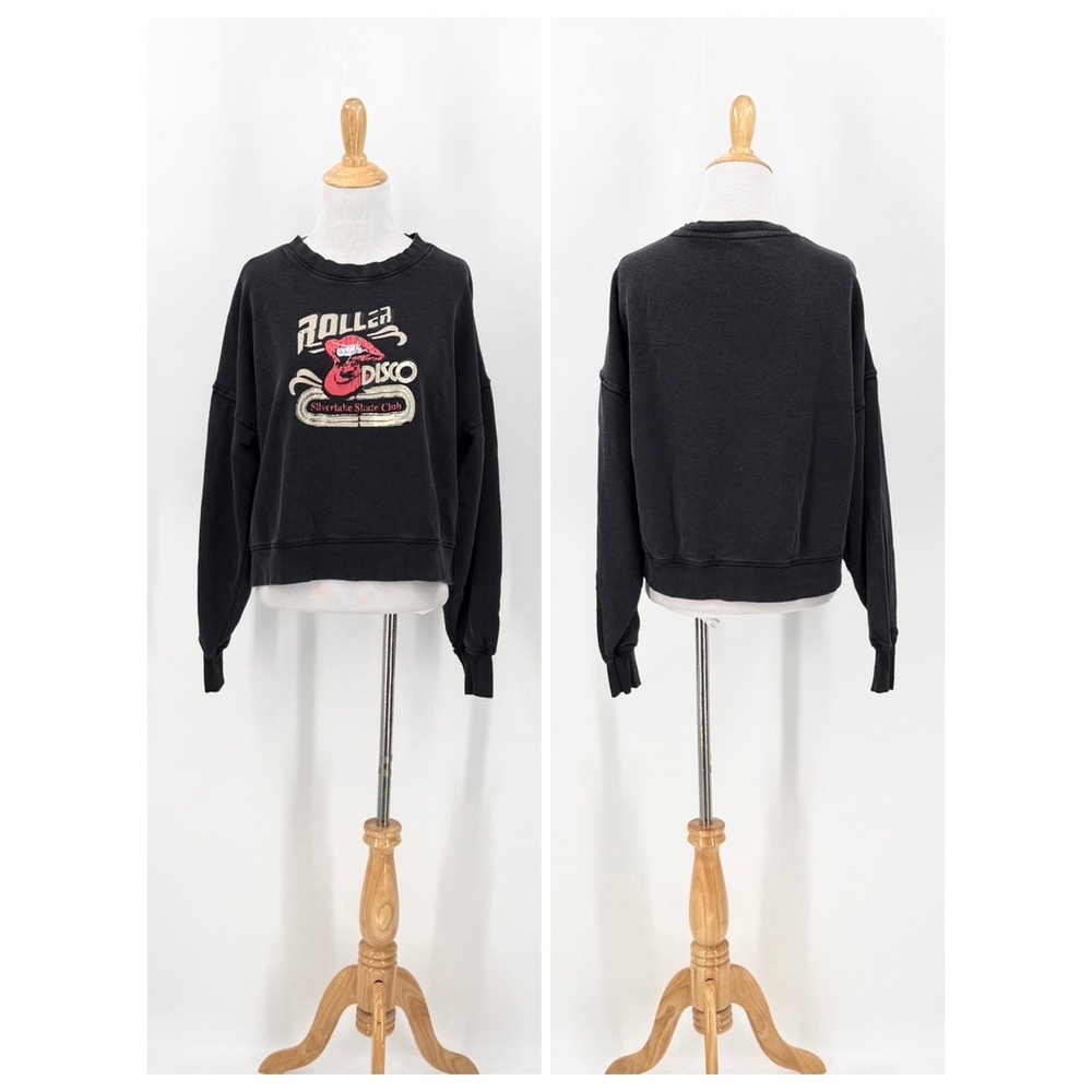 PAIGE Sweatshirt Women Small Black Roller Disco Graphic Pullover Cropped